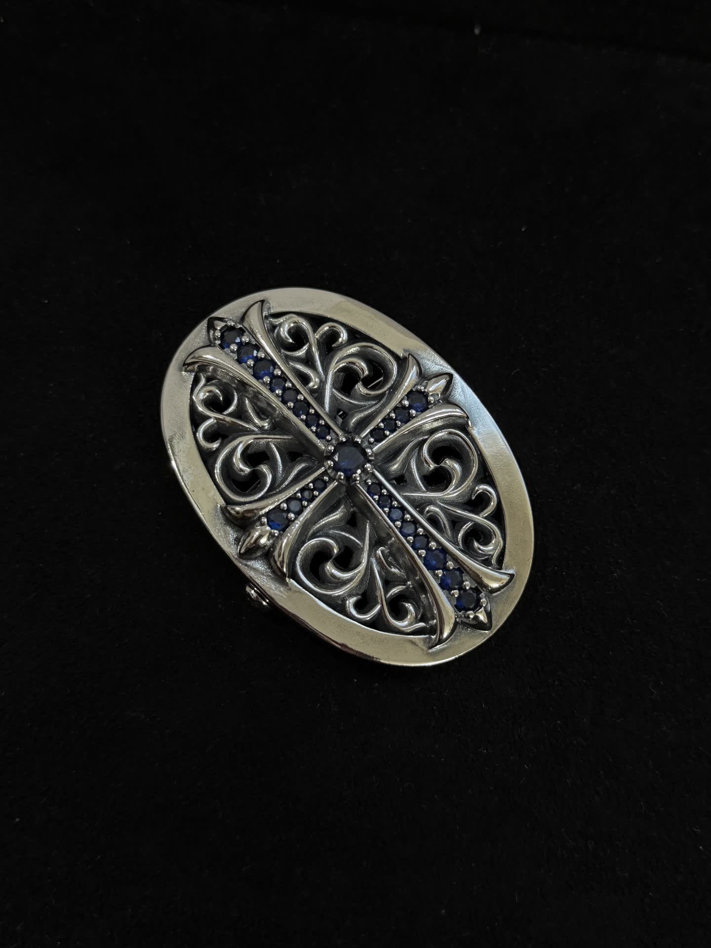 Chrome Hearts Elegant Filigree Cross Brooch with Gemstones